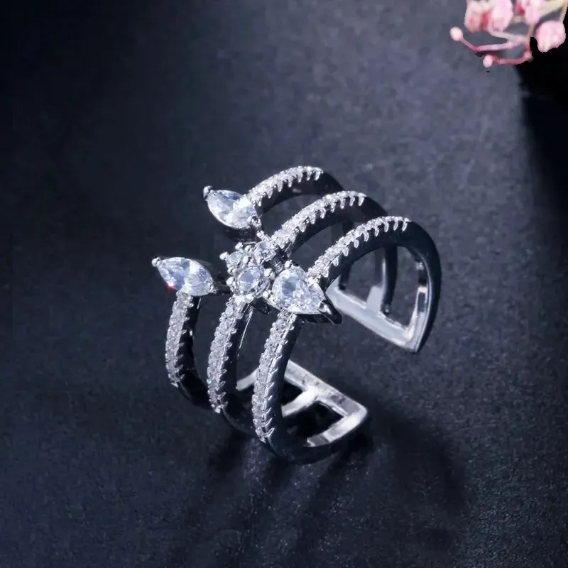 Shiny Cubic Zirconia Fashion White Gold Color Open Size Thin Bangle and Ring  Jewelry Set for Women