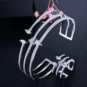 Shiny Cubic Zirconia Fashion White Gold Color Open Size Thin Bangle and Ring  Jewelry Set for Women