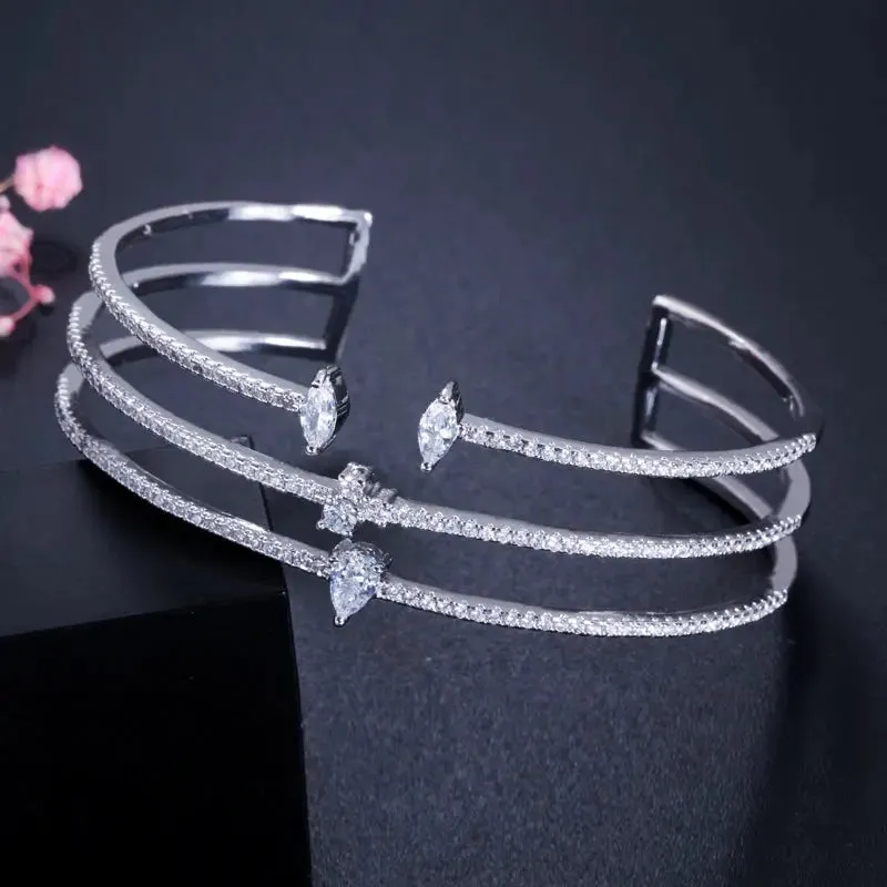Shiny Cubic Zirconia Fashion White Gold Color Open Size Thin Bangle and Ring  Jewelry Set for Women