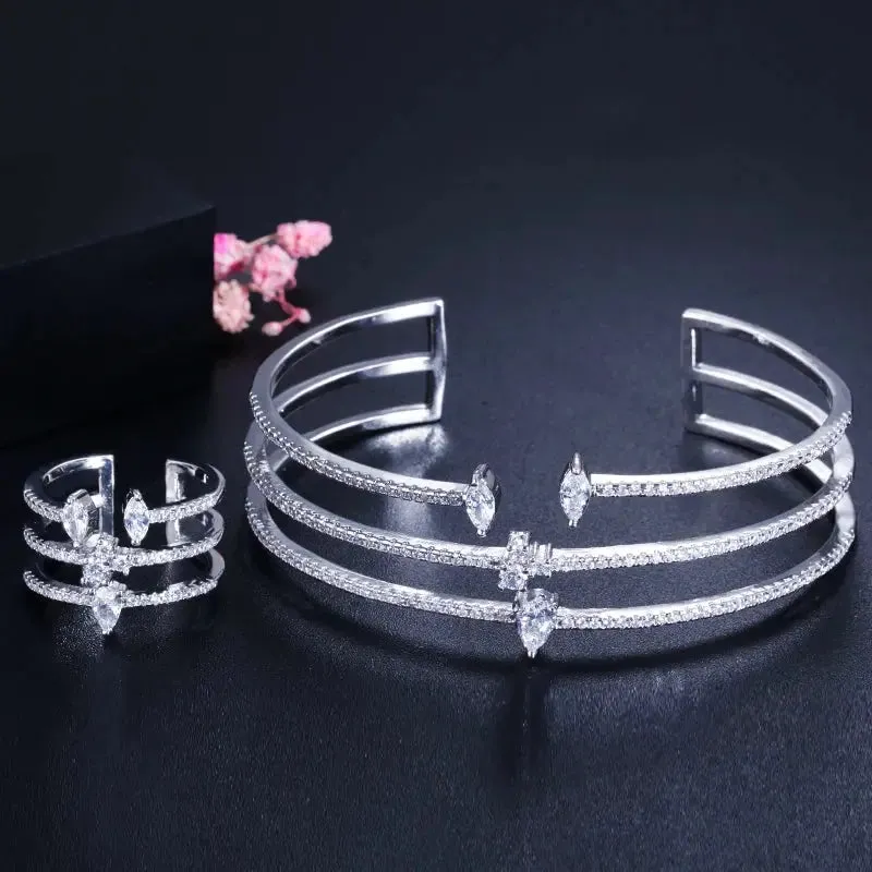 Shiny Cubic Zirconia Fashion White Gold Color Open Size Thin Bangle and Ring  Jewelry Set for Women