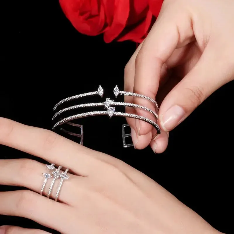 Shiny Cubic Zirconia Fashion White Gold Color Open Size Thin Bangle and Ring  Jewelry Set for Women