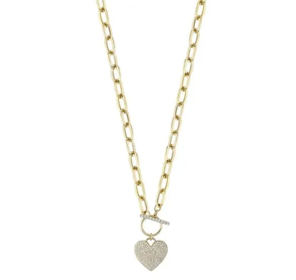 Shy Creation 14K Yellow Gold Pave Diamond Heart Toggle Necklace