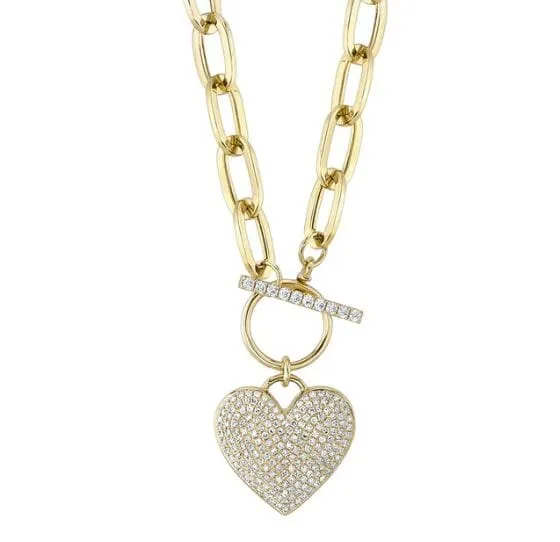 Shy Creation 14K Yellow Gold Pave Diamond Heart Toggle Necklace