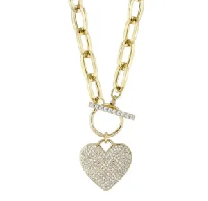 Shy Creation 14K Yellow Gold Pave Diamond Heart Toggle Necklace