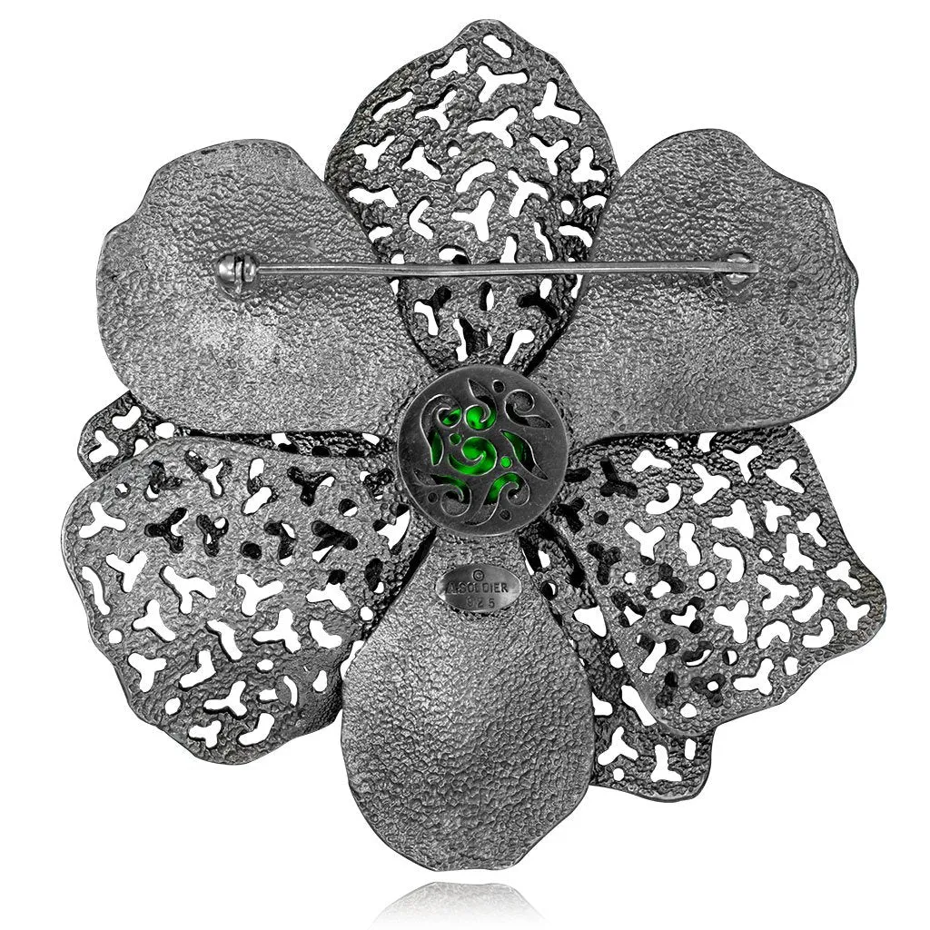 Silver Coronaria Brooch/Pendant with Green Agate, Topaz