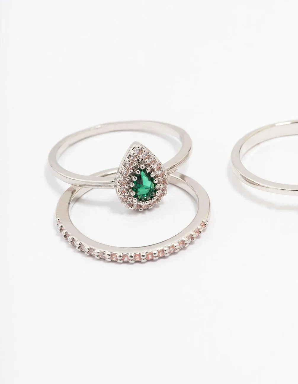 Silver Cubic Zirconia Halo Pear Stacking Ring Set