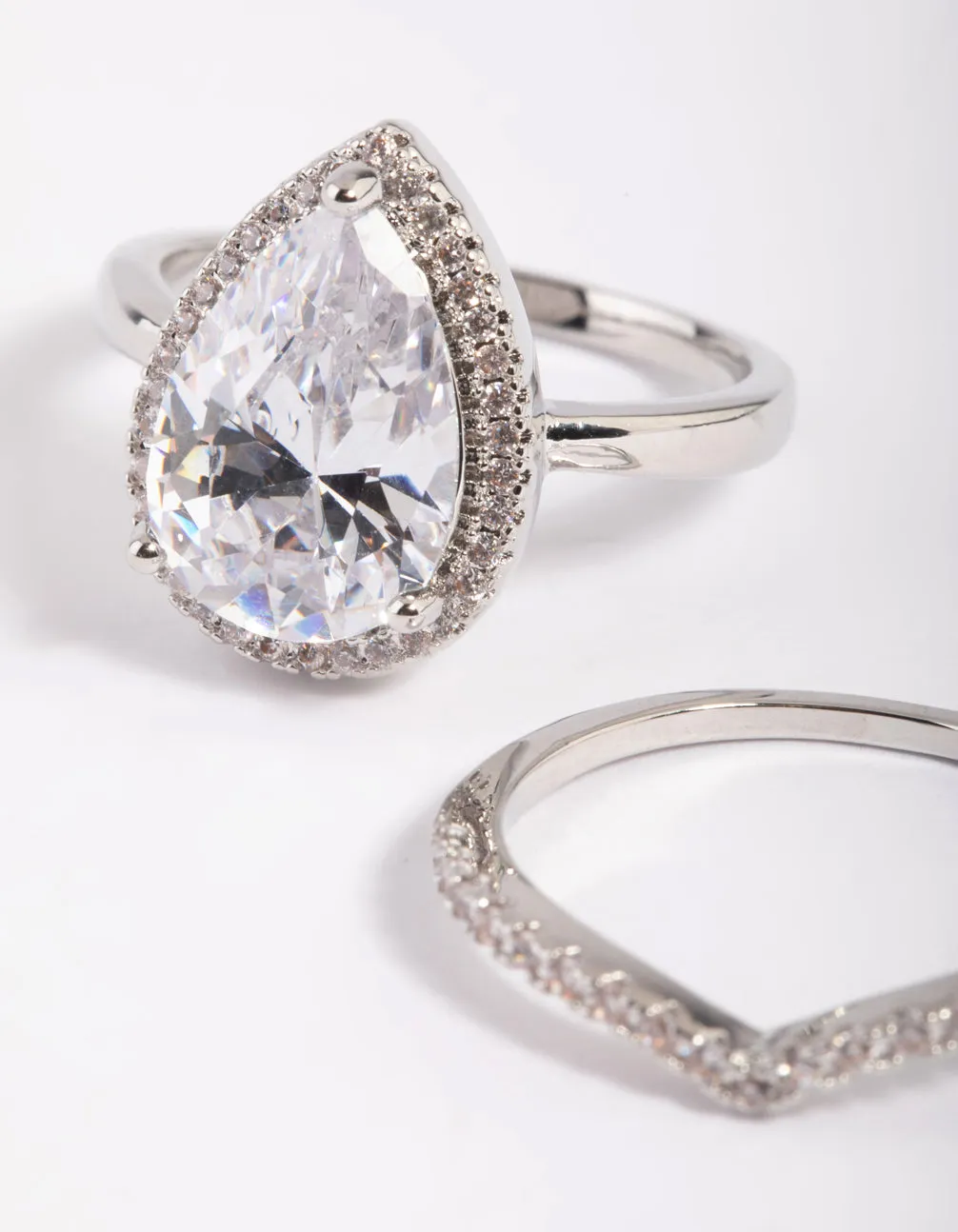 Silver Cubic Zirconia Pear Halo Ring Stack Pack