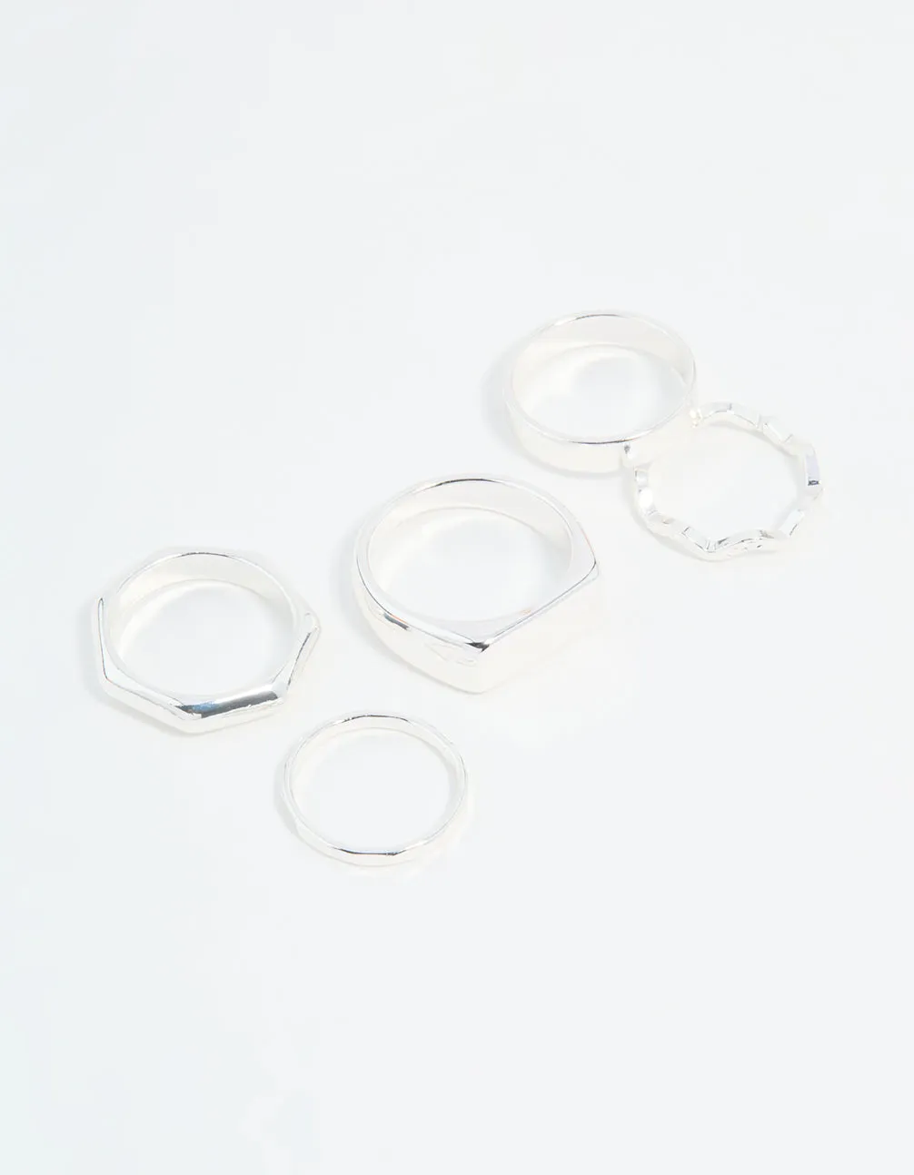 Silver Hexagon & Signet Rings 5-Pack