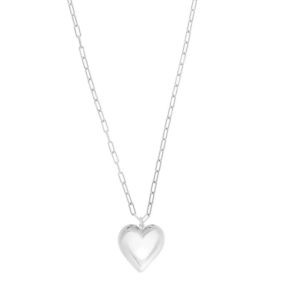 Silver Large Puffed Heart Long Necklace