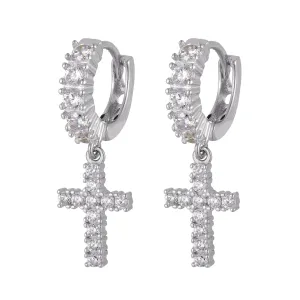 Silver One Row Holy Cross Dangling Bling Hoop Earrings