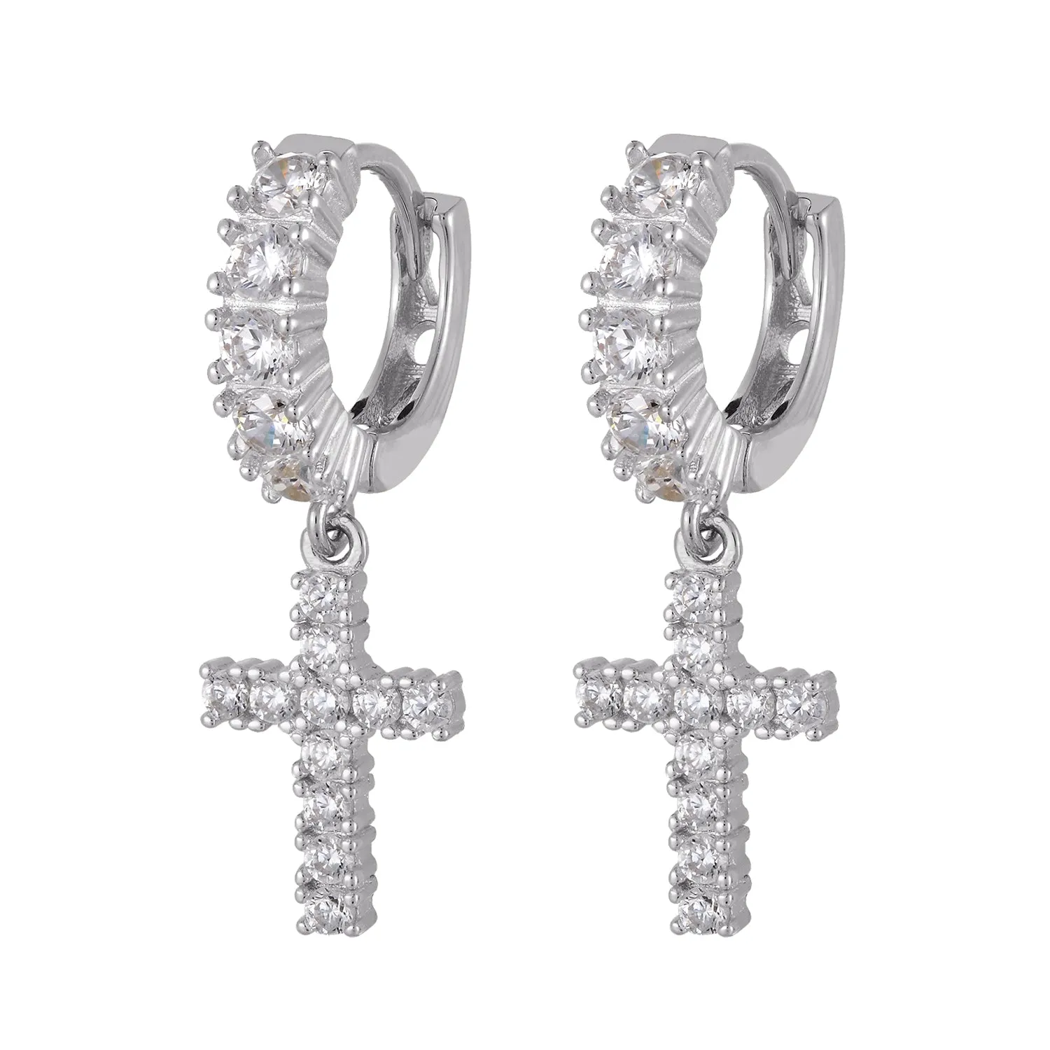 Silver One Row Holy Cross Dangling Bling Hoop Earrings