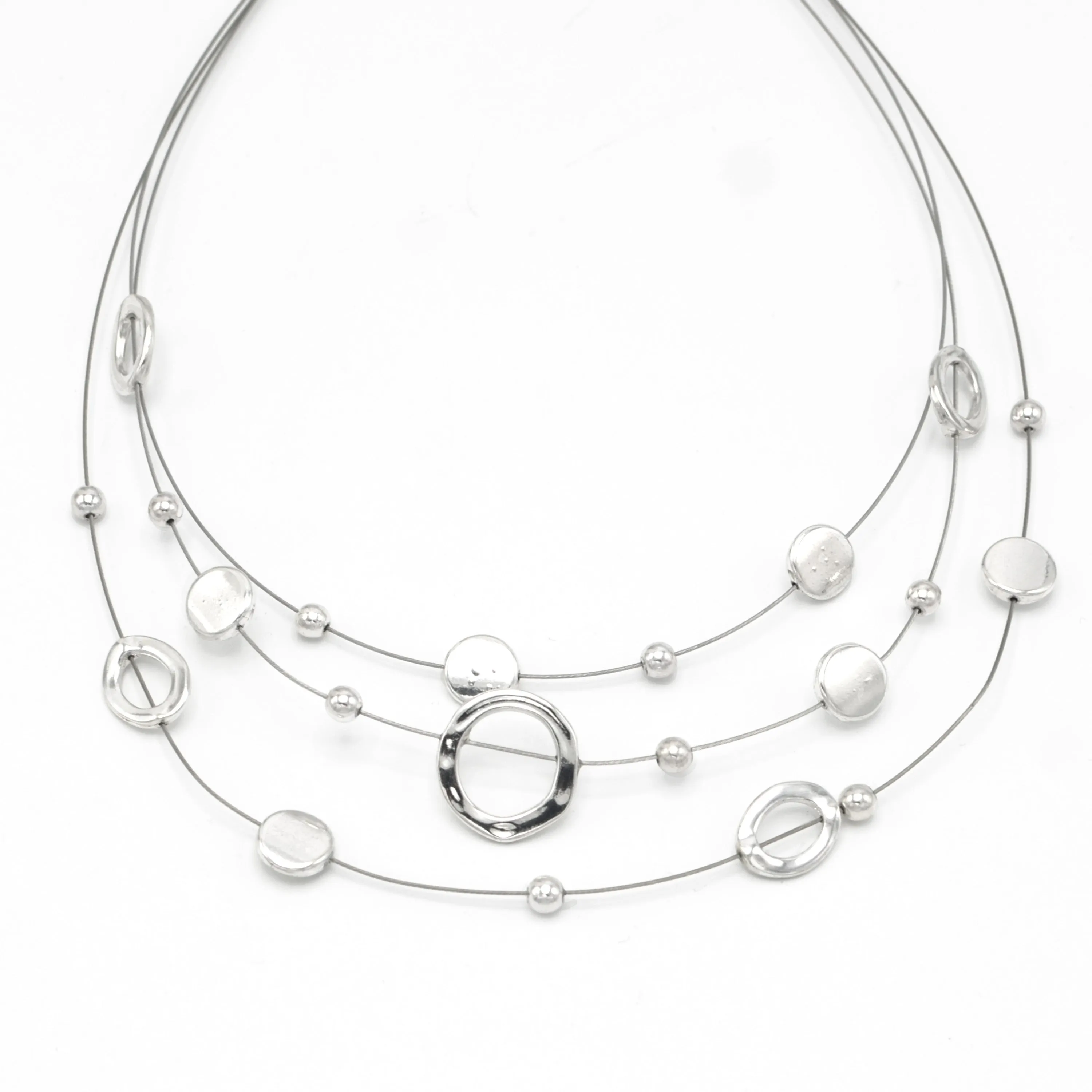 SILVER OPEN ROUND BEADS LAYER NECKLACE & EARRINGS SET  #ADX6407297 (SHBC8)