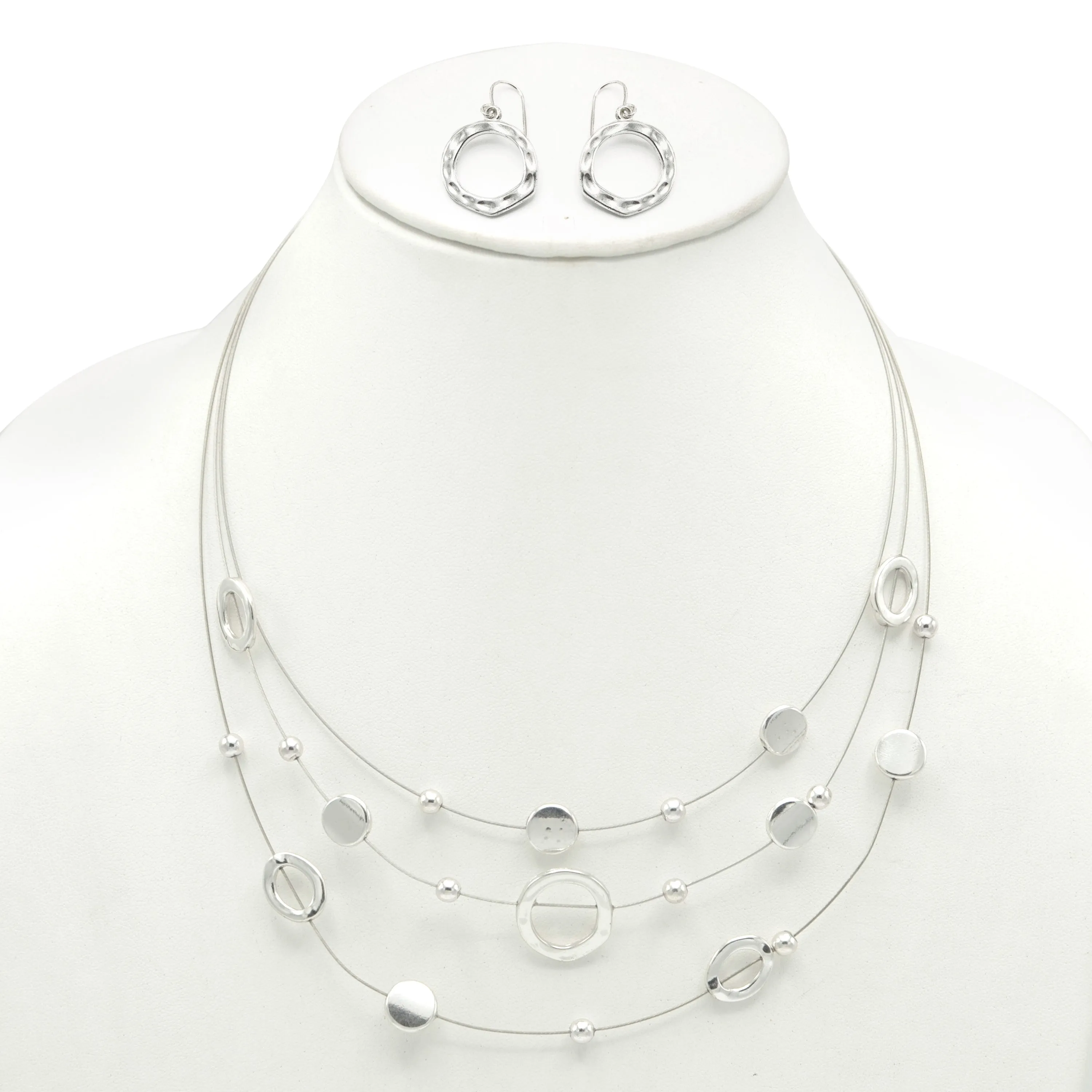 SILVER OPEN ROUND BEADS LAYER NECKLACE & EARRINGS SET  #ADX6407297 (SHBC8)