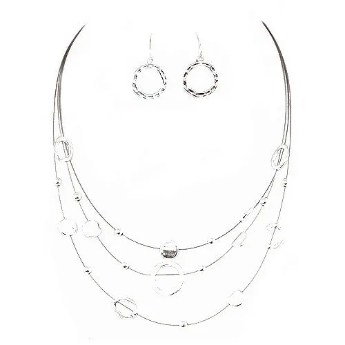 SILVER OPEN ROUND BEADS LAYER NECKLACE & EARRINGS SET  #ADX6407297 (SHBC8)