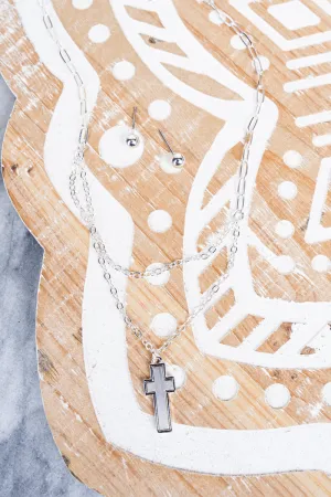 Silvertone Double Chain Matte Cross Necklace and Earring Set
