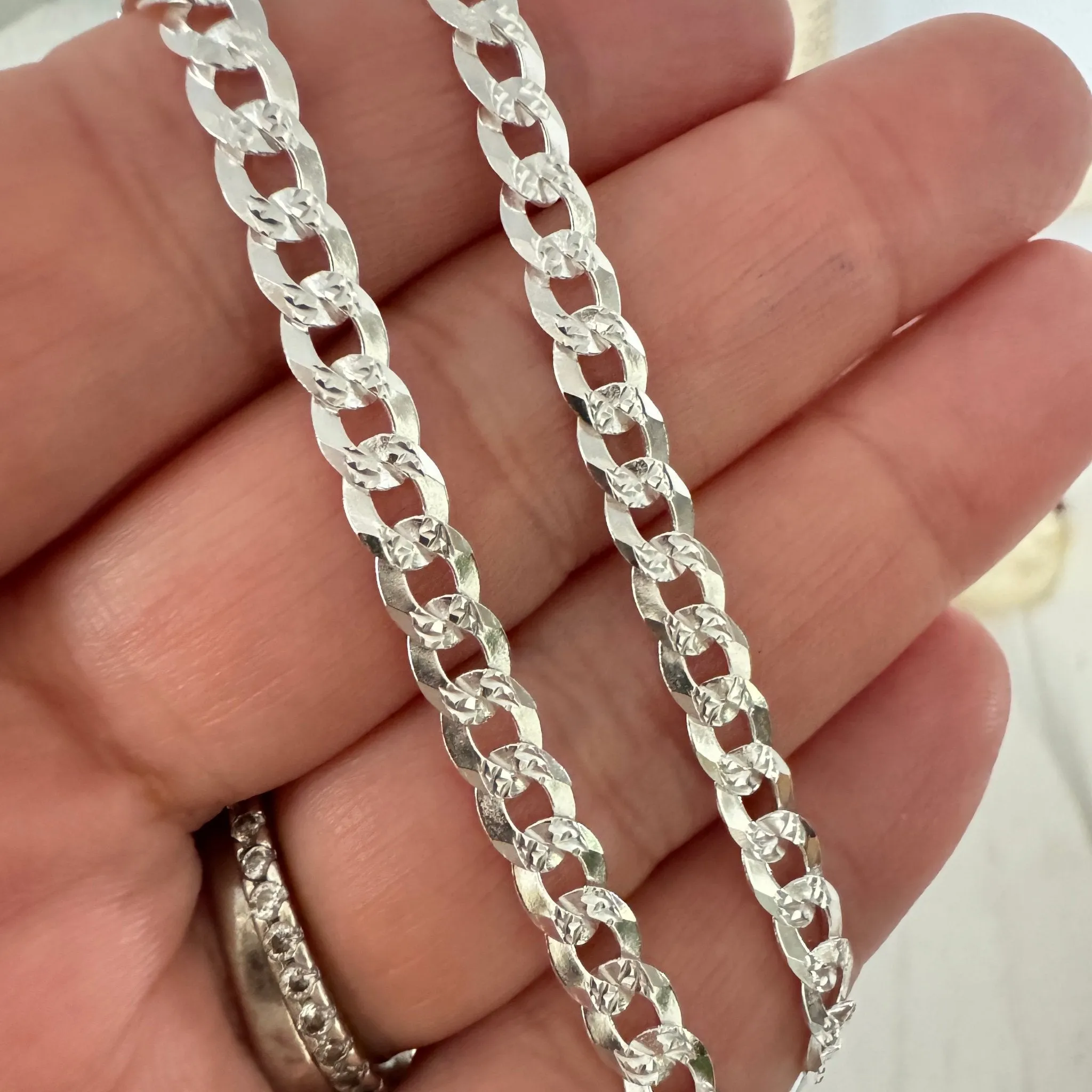Solid Sterling Silver Diamond Cut Curb Chain Bracelet