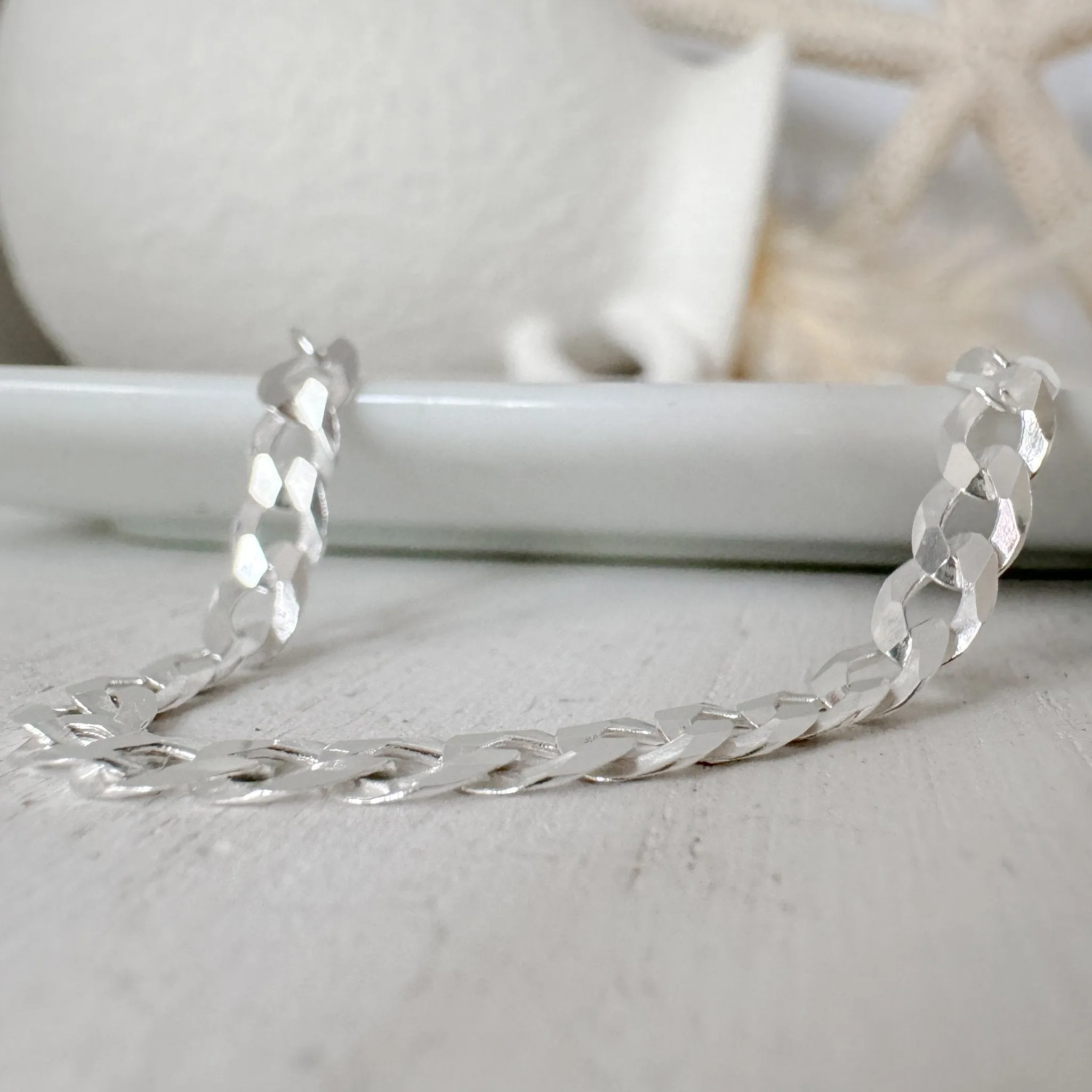 Solid Sterling Silver Diamond Cut Curb Chain Bracelet