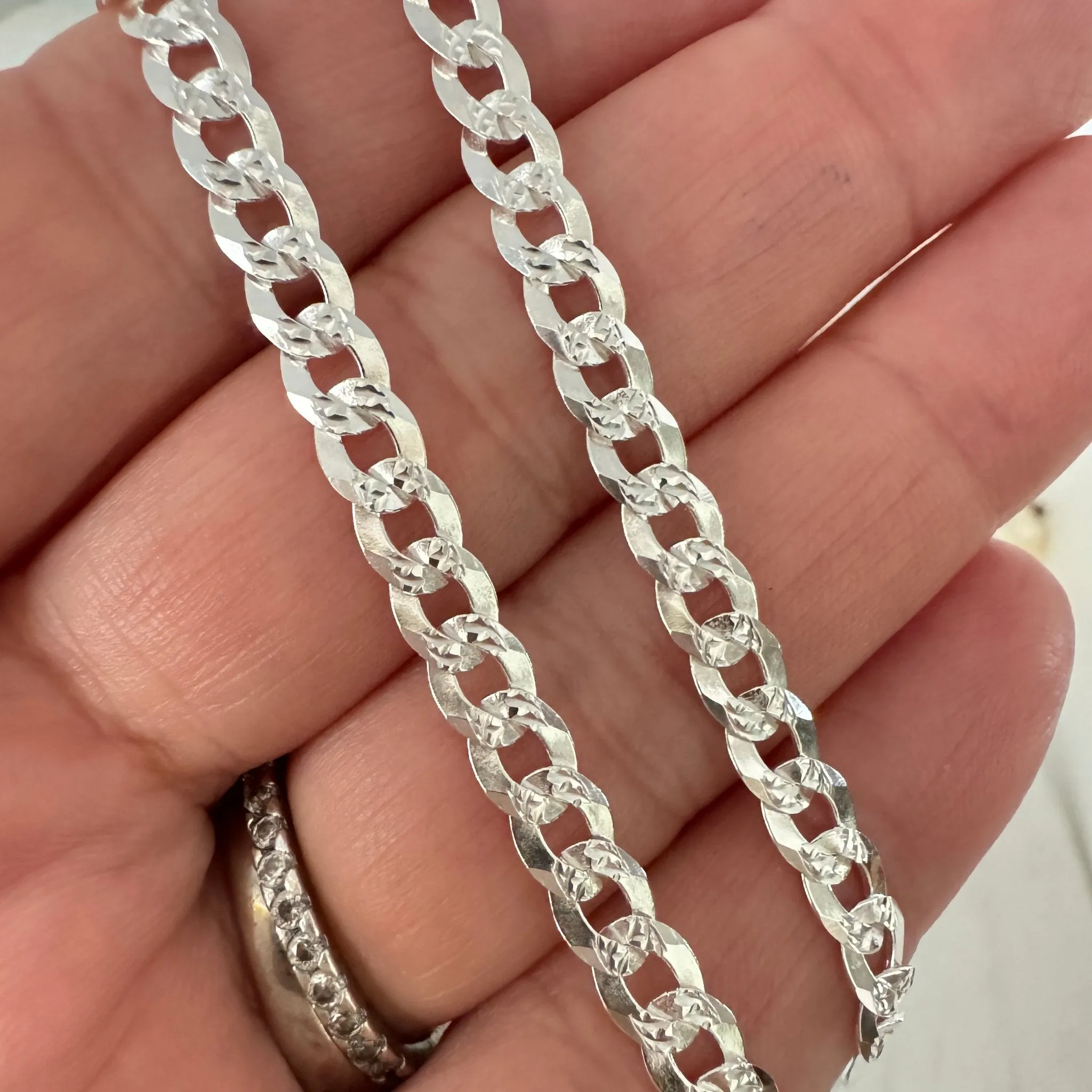 Solid Sterling Silver Diamond Cut Curb Chain Bracelet