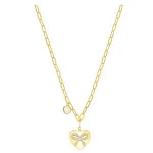 Sparkle Ribbon Double Heart Paperclip Necklace