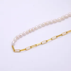 Stainless Steel 4mm Paperclip Half Ringed Freshwater Pearl 16 Inch Choker Necklace | WA-2324