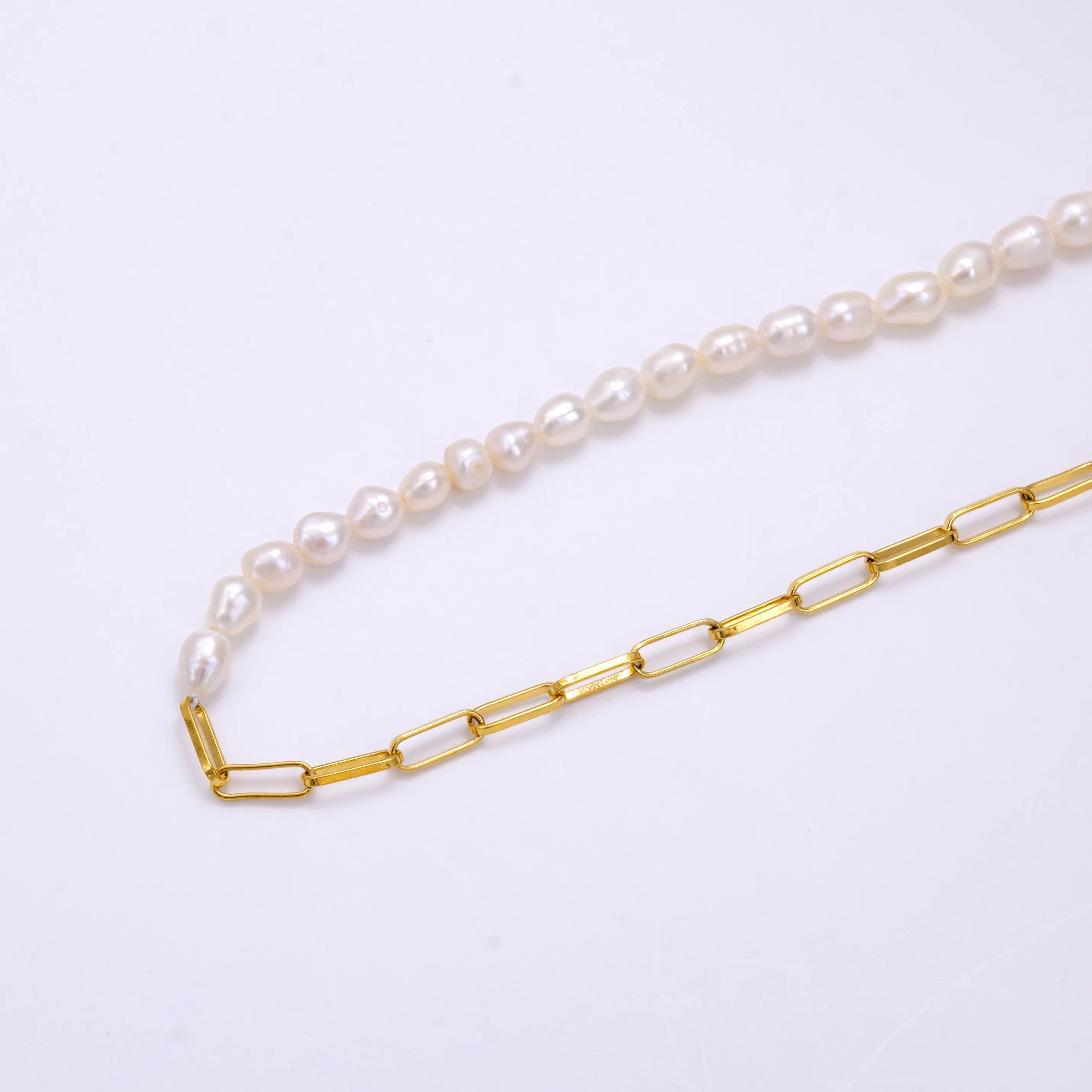 Stainless Steel 4mm Paperclip Half Ringed Freshwater Pearl 16 Inch Choker Necklace | WA-2324