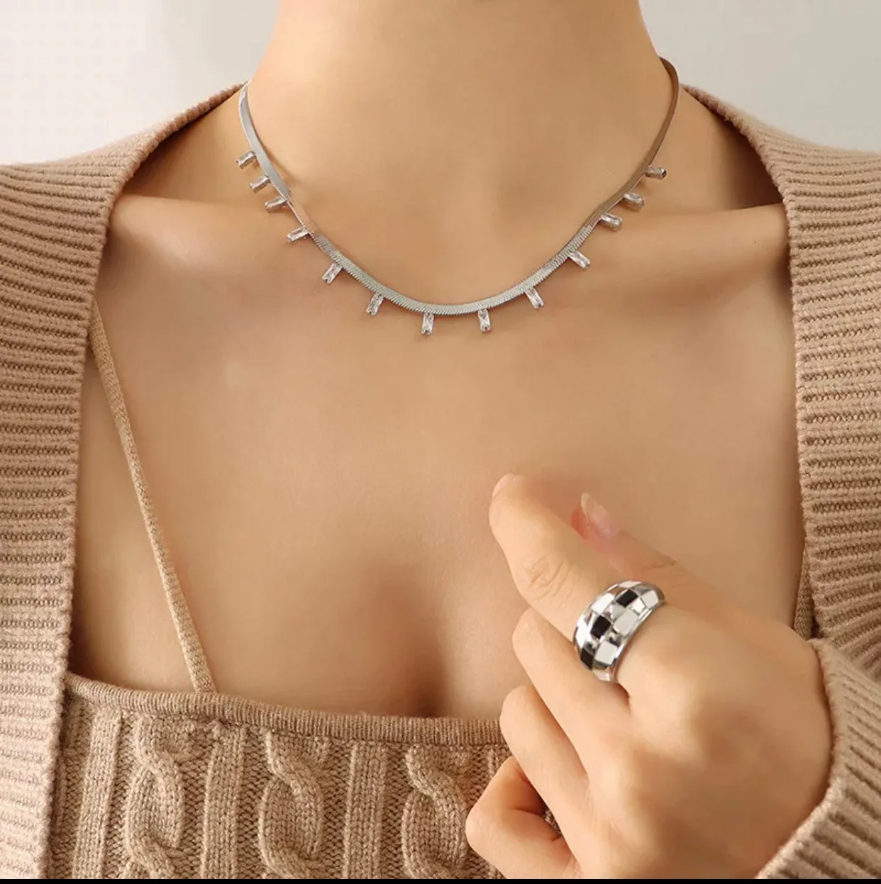 Stainless Steel Dainty Herring Bone Chain Link with CZ 311-5 | Erika Williner Designs