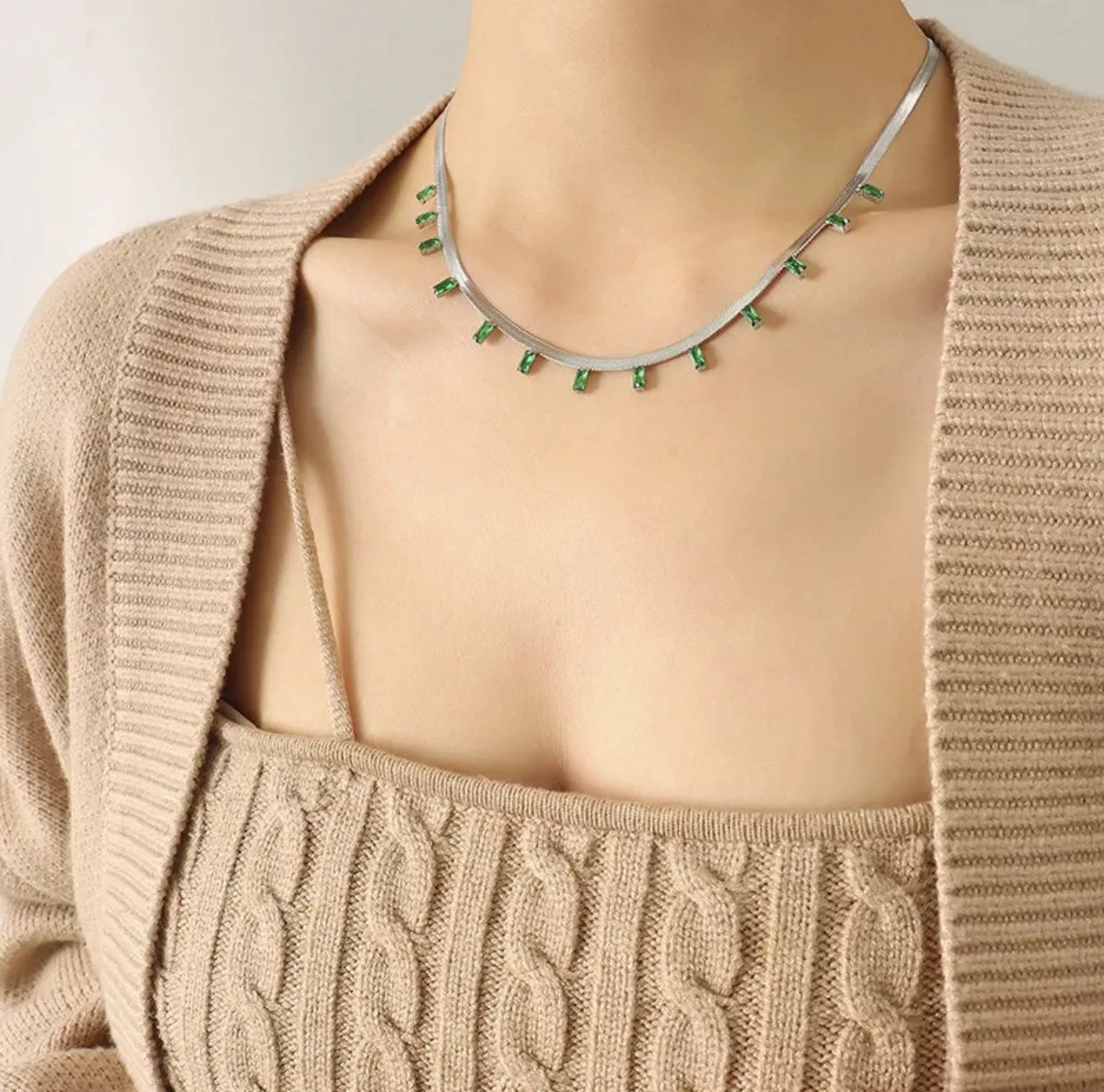 Stainless Steel Dainty Herring Bone Chain Link with CZ 311-5 | Erika Williner Designs