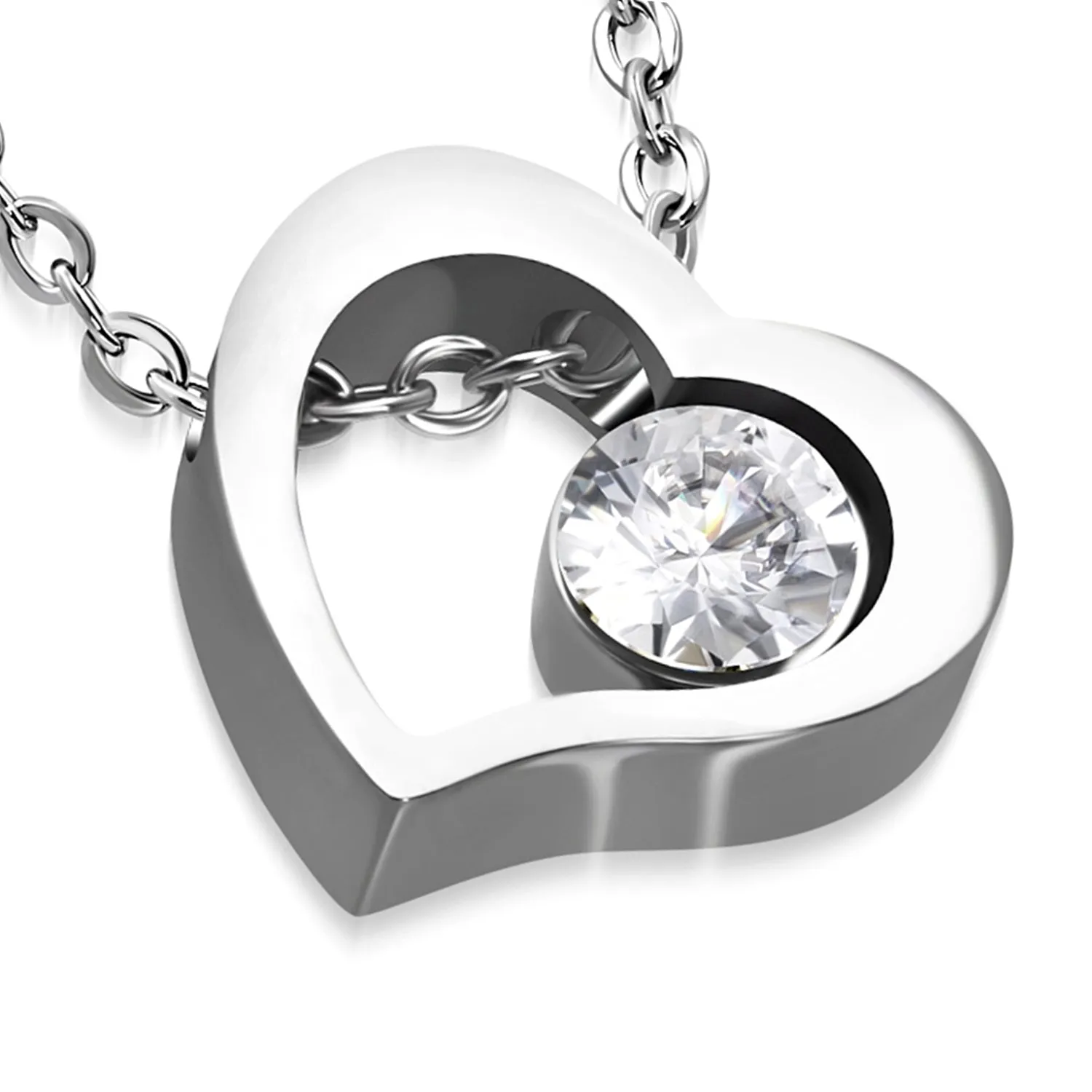 Stainless Steel Floating Open Love Heart Cubic ZIrconia Charm Link Chain Necklace Pendant