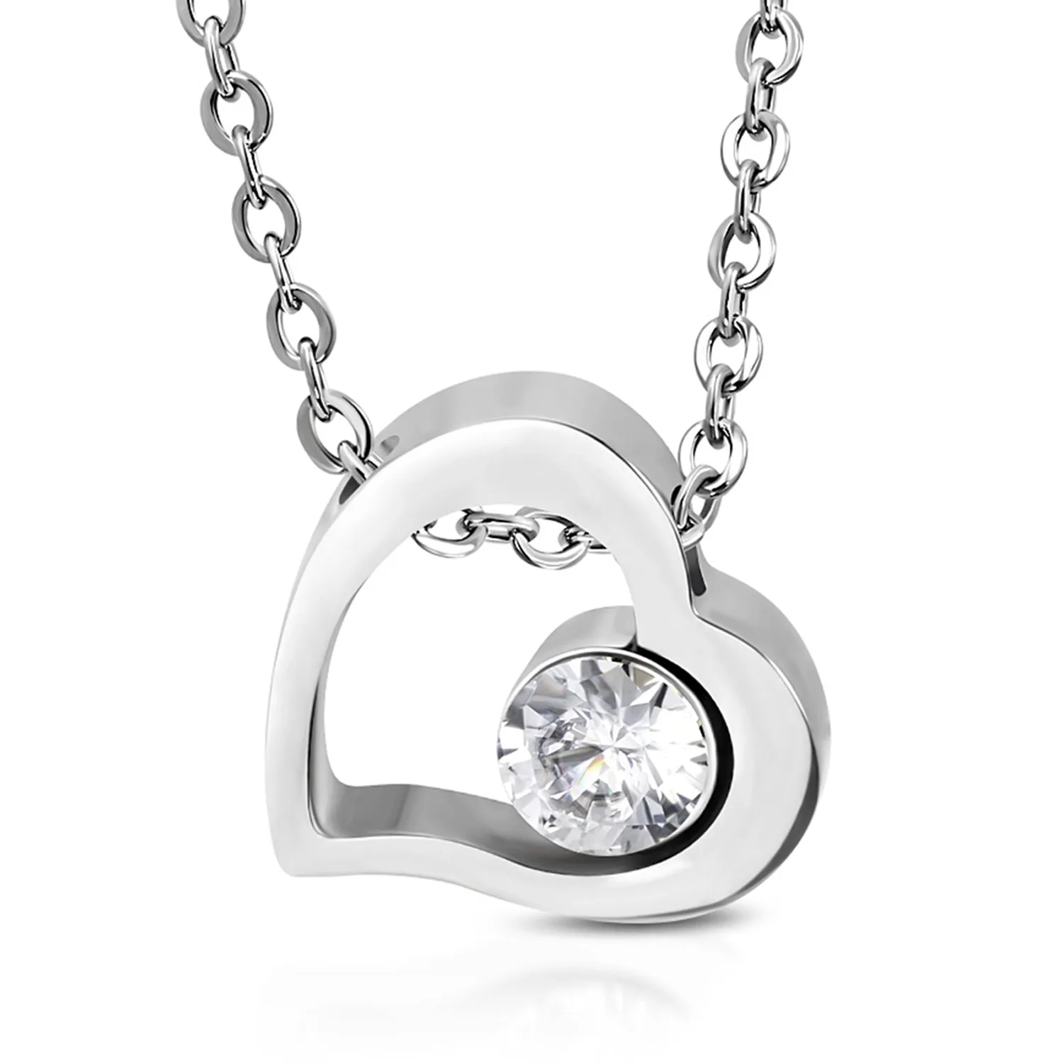 Stainless Steel Floating Open Love Heart Cubic ZIrconia Charm Link Chain Necklace Pendant