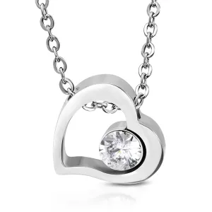 Stainless Steel Floating Open Love Heart Cubic ZIrconia Charm Link Chain Necklace Pendant