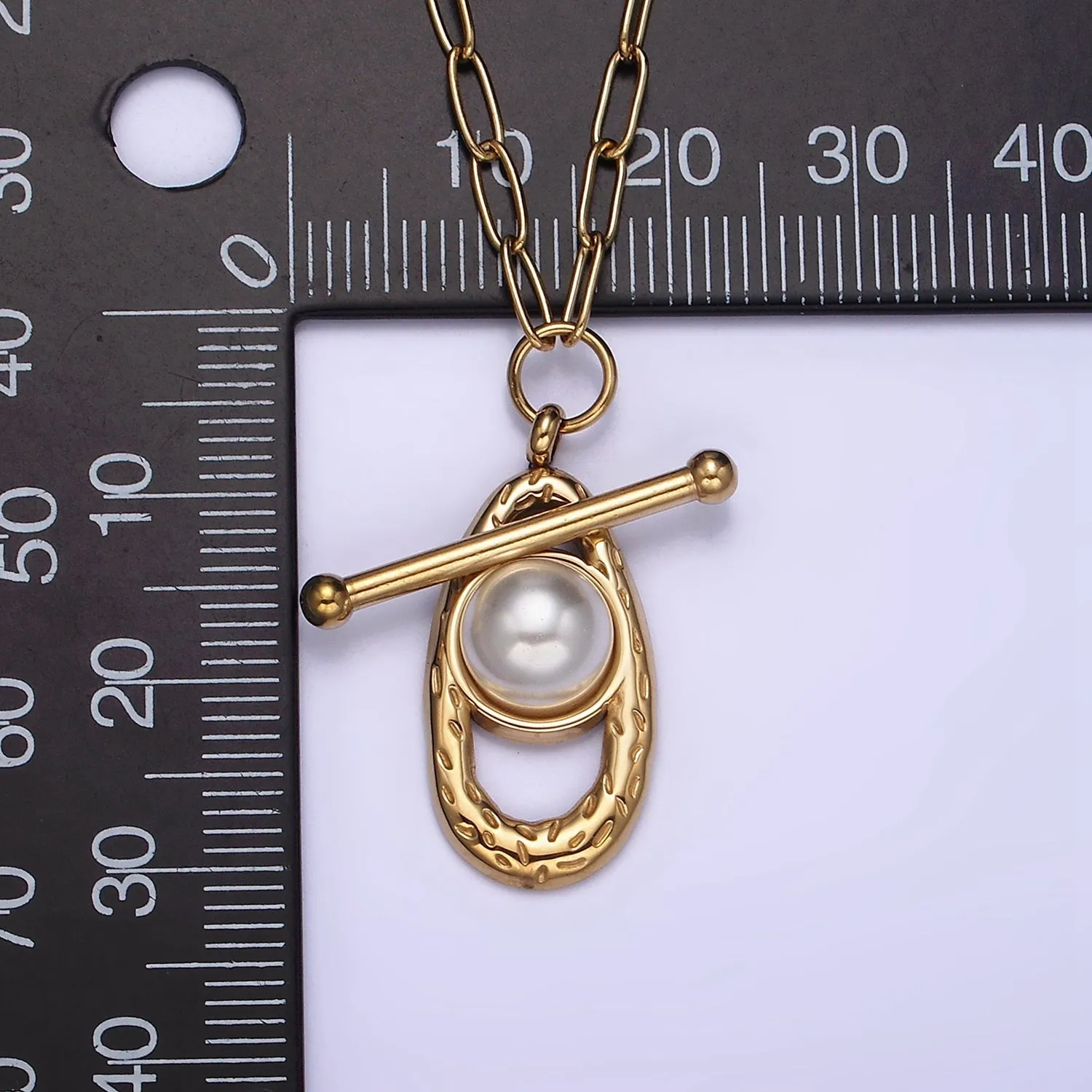 Stainless Steel Pearl Hammered Oblong Toggle Clasps Paperclip 17 Inch Chain Necklace | WA-2074