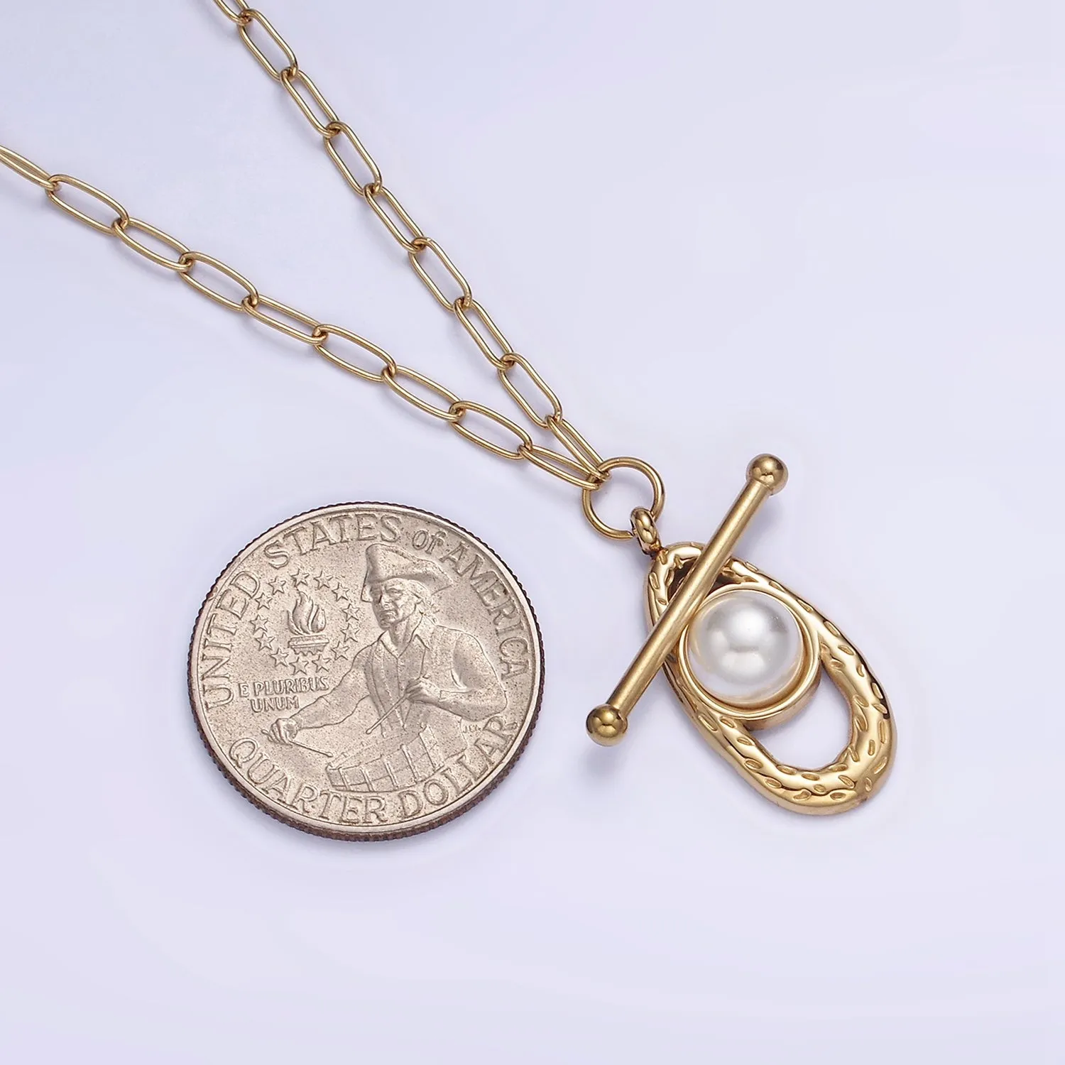 Stainless Steel Pearl Hammered Oblong Toggle Clasps Paperclip 17 Inch Chain Necklace | WA-2074