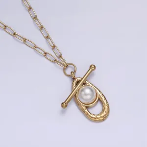 Stainless Steel Pearl Hammered Oblong Toggle Clasps Paperclip 17 Inch Chain Necklace | WA-2074