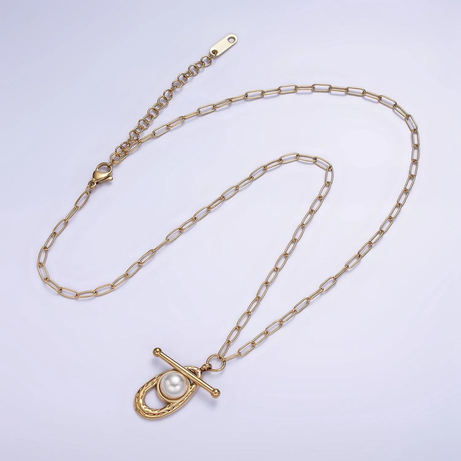 Stainless Steel Pearl Hammered Oblong Toggle Clasps Paperclip 17 Inch Chain Necklace | WA-2074
