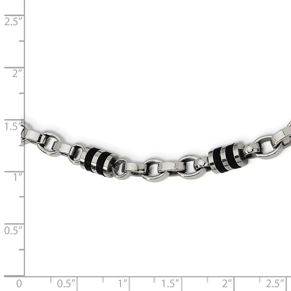 Stainless Steel Rubber Accent Barrel Link 22in Necklace