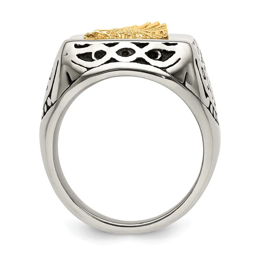 Stainless Steel w/14k Accent Antiqued and Polished Eagle Ring