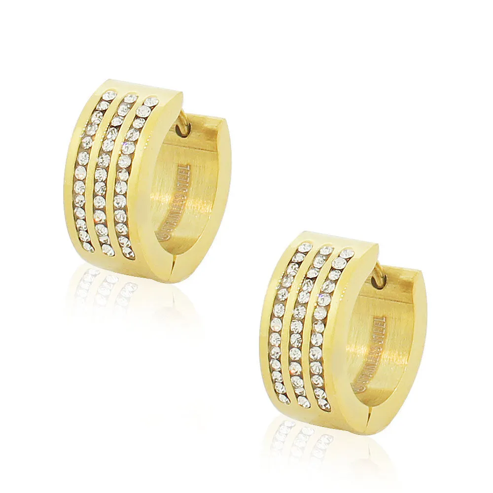 Stainless Steel Yellow Gold-Tone White CZ Hoop Huggie Earrings