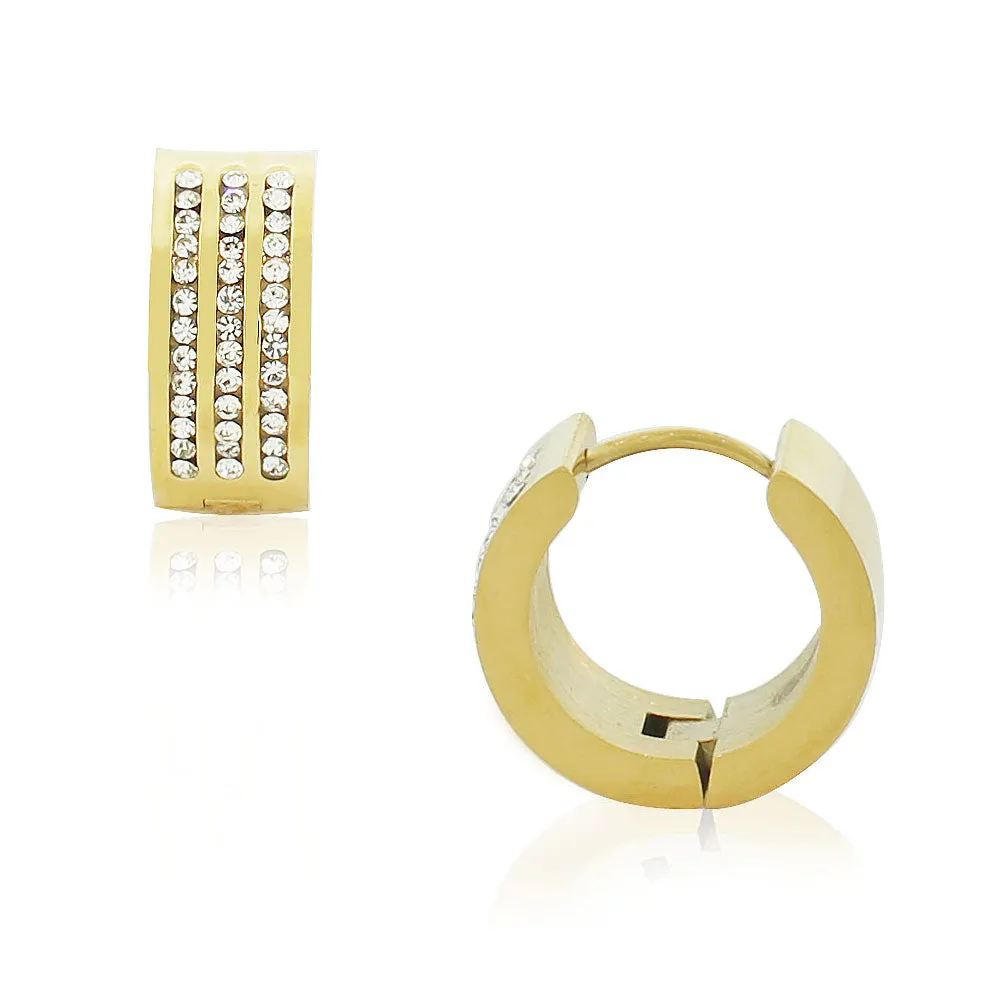 Stainless Steel Yellow Gold-Tone White CZ Hoop Huggie Earrings