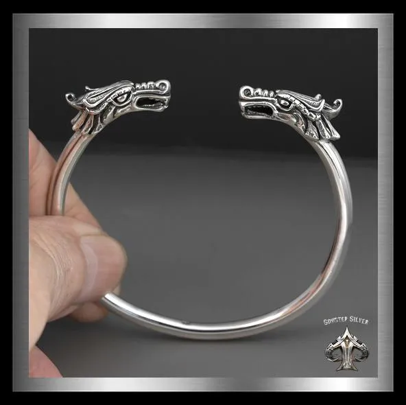 Sterling Silver Biker Bracelet Viking Dragon Torc Cuff Armlet