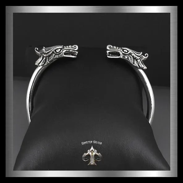 Sterling Silver Biker Bracelet Viking Dragon Torc Cuff Armlet