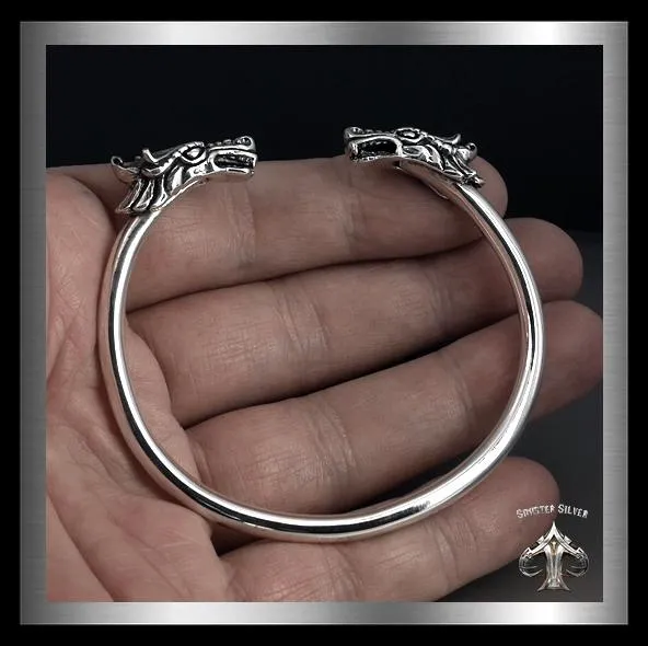Sterling Silver Biker Bracelet Viking Dragon Torc Cuff Armlet