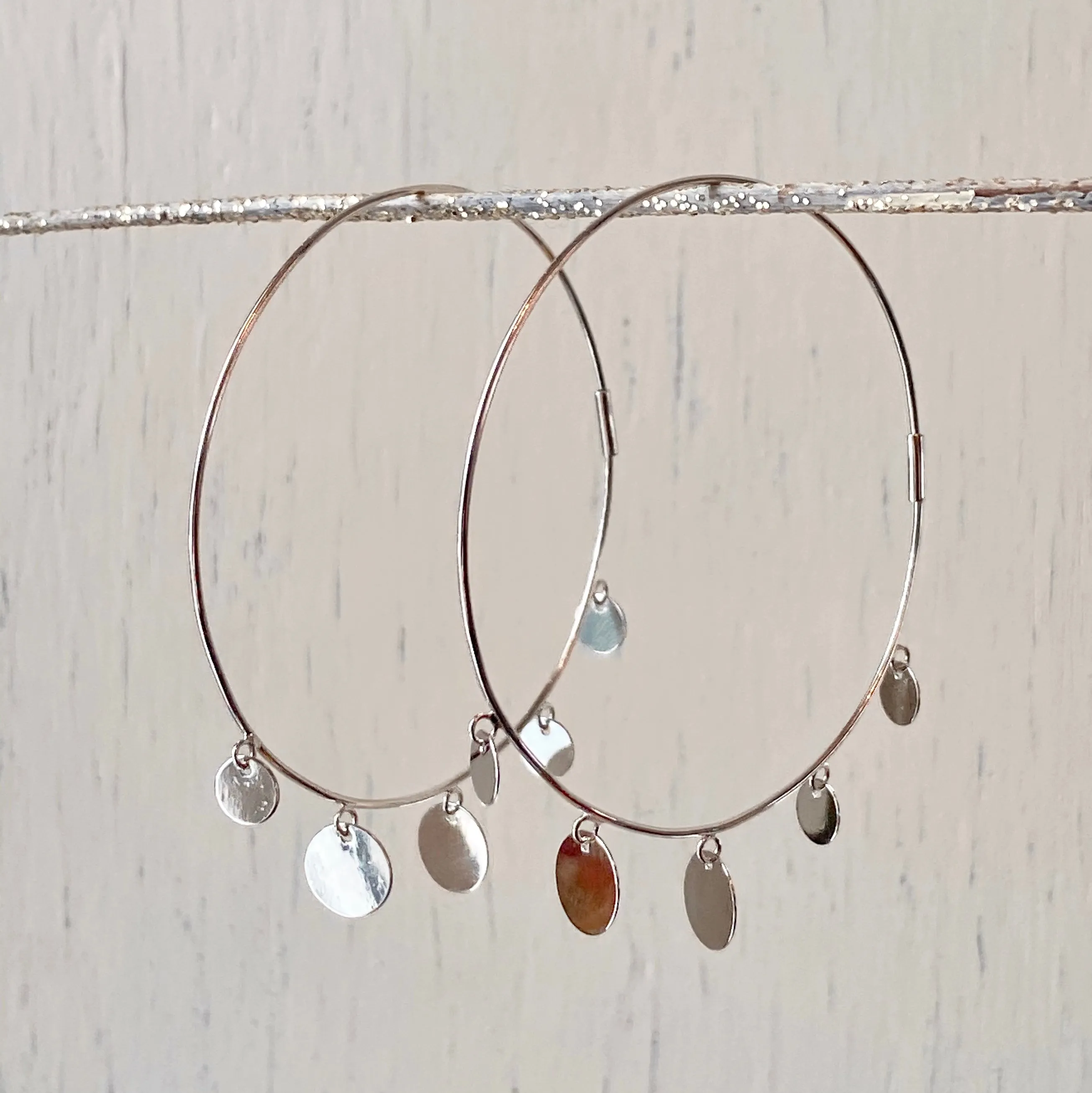 Sterling Silver Endless Hoop Earrings with Round Discs 56mm