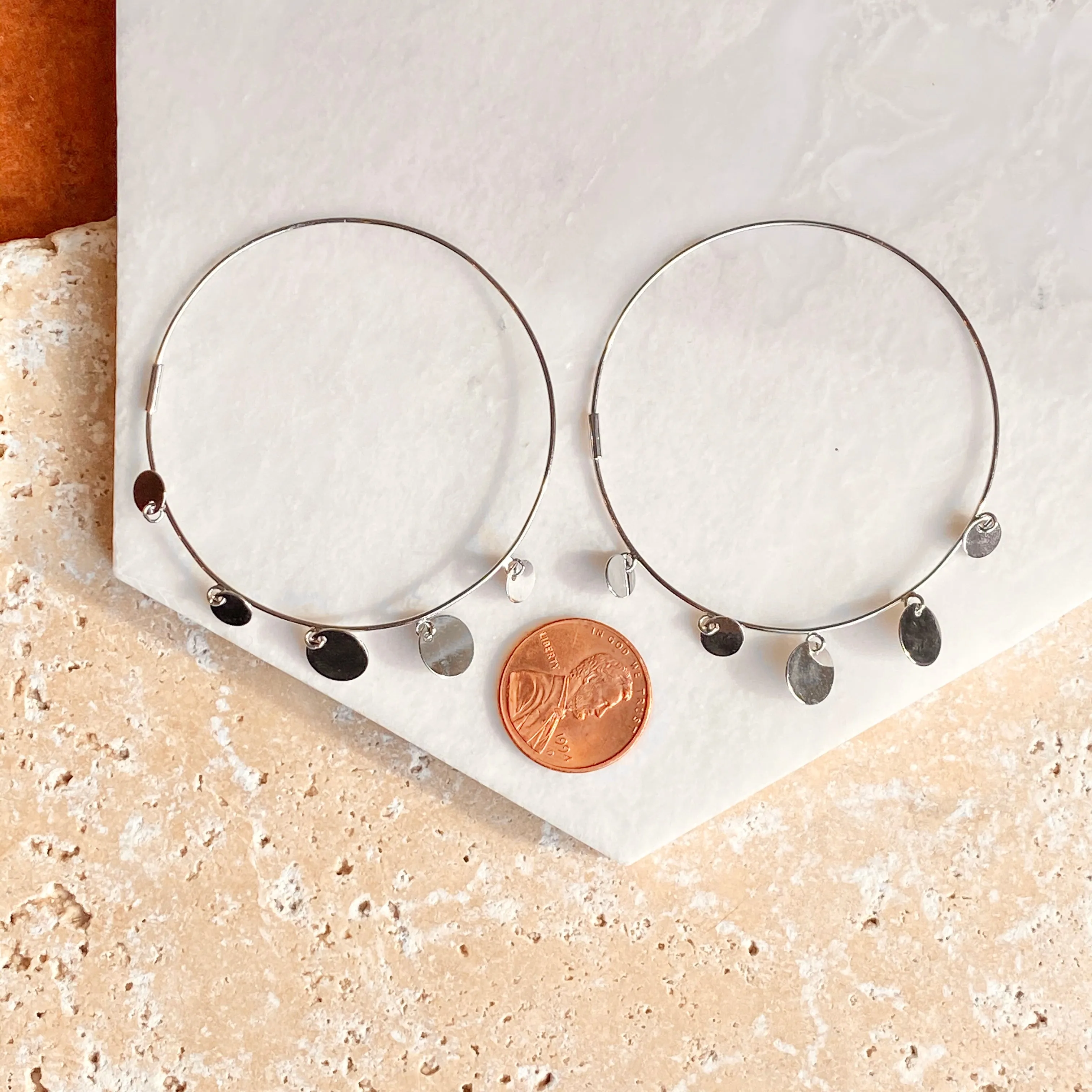 Sterling Silver Endless Hoop Earrings with Round Discs 56mm