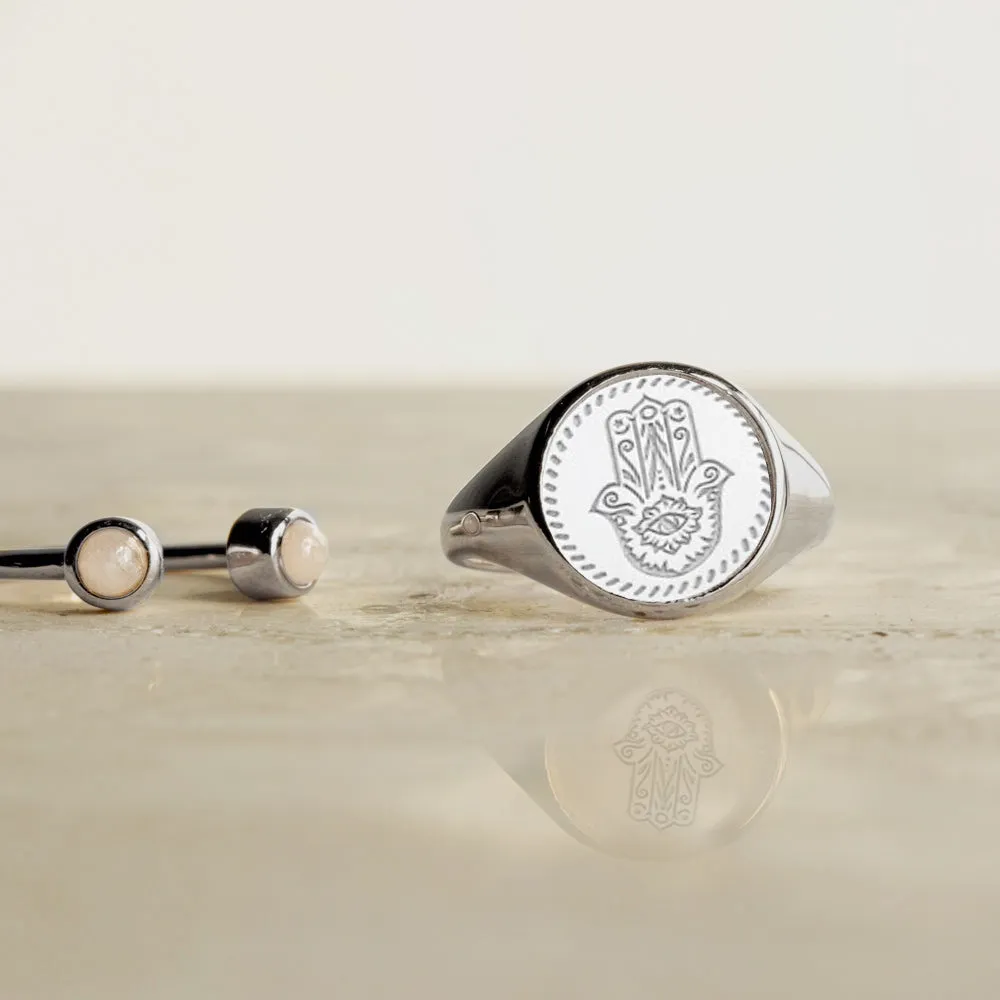 Sterling Silver Hamsa Evil Eyes Signet Ring