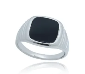 Sterling Silver Mens Black Onyx Signet Ring with Rippled Shoulders