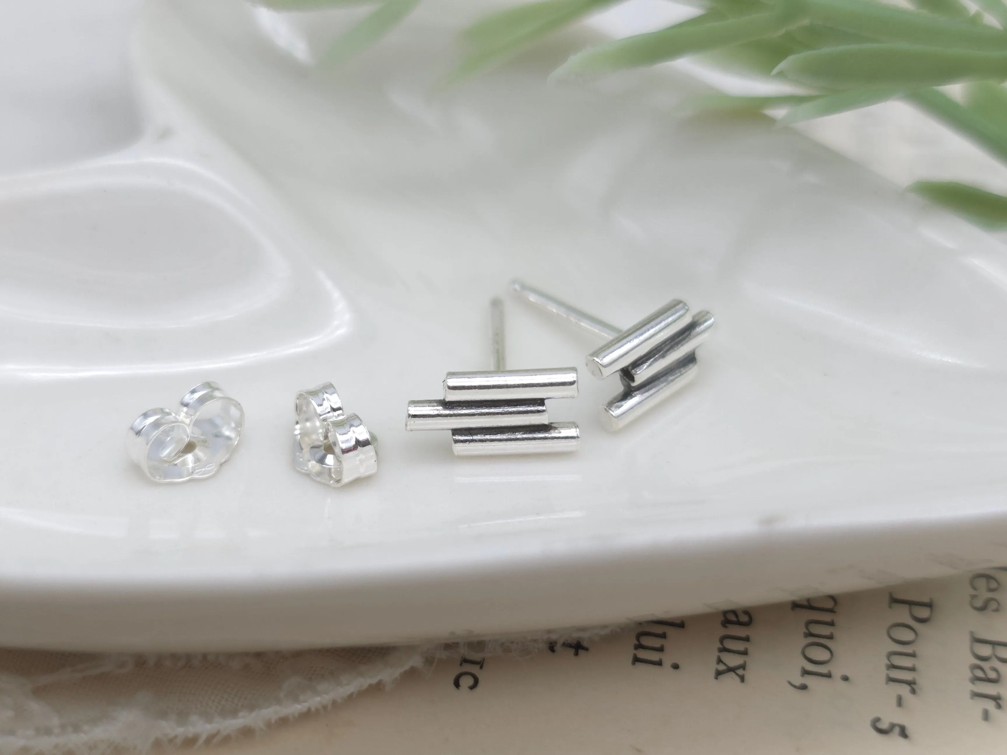 Sterling Silver Triple Bar Stud Earrings