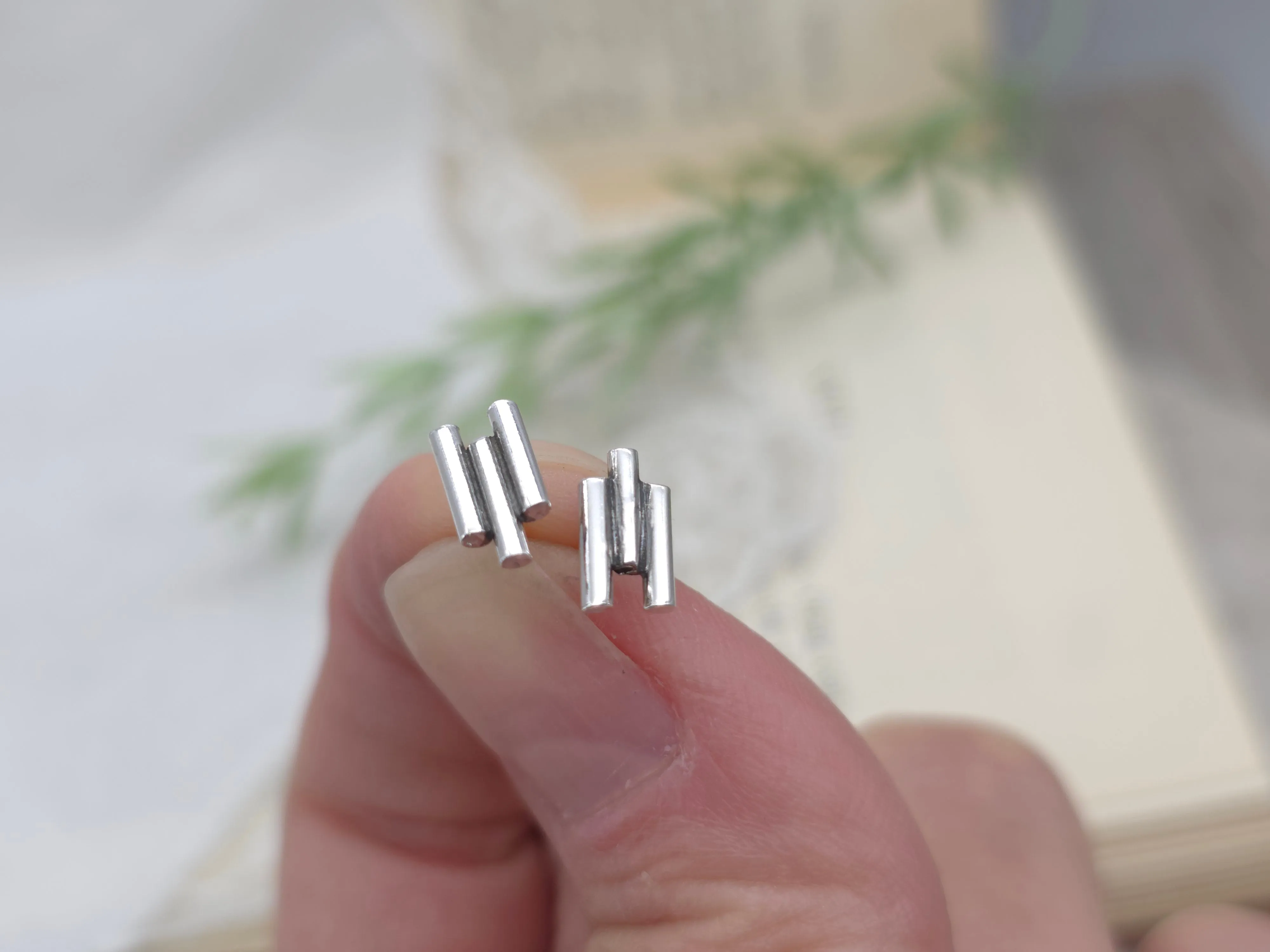 Sterling Silver Triple Bar Stud Earrings