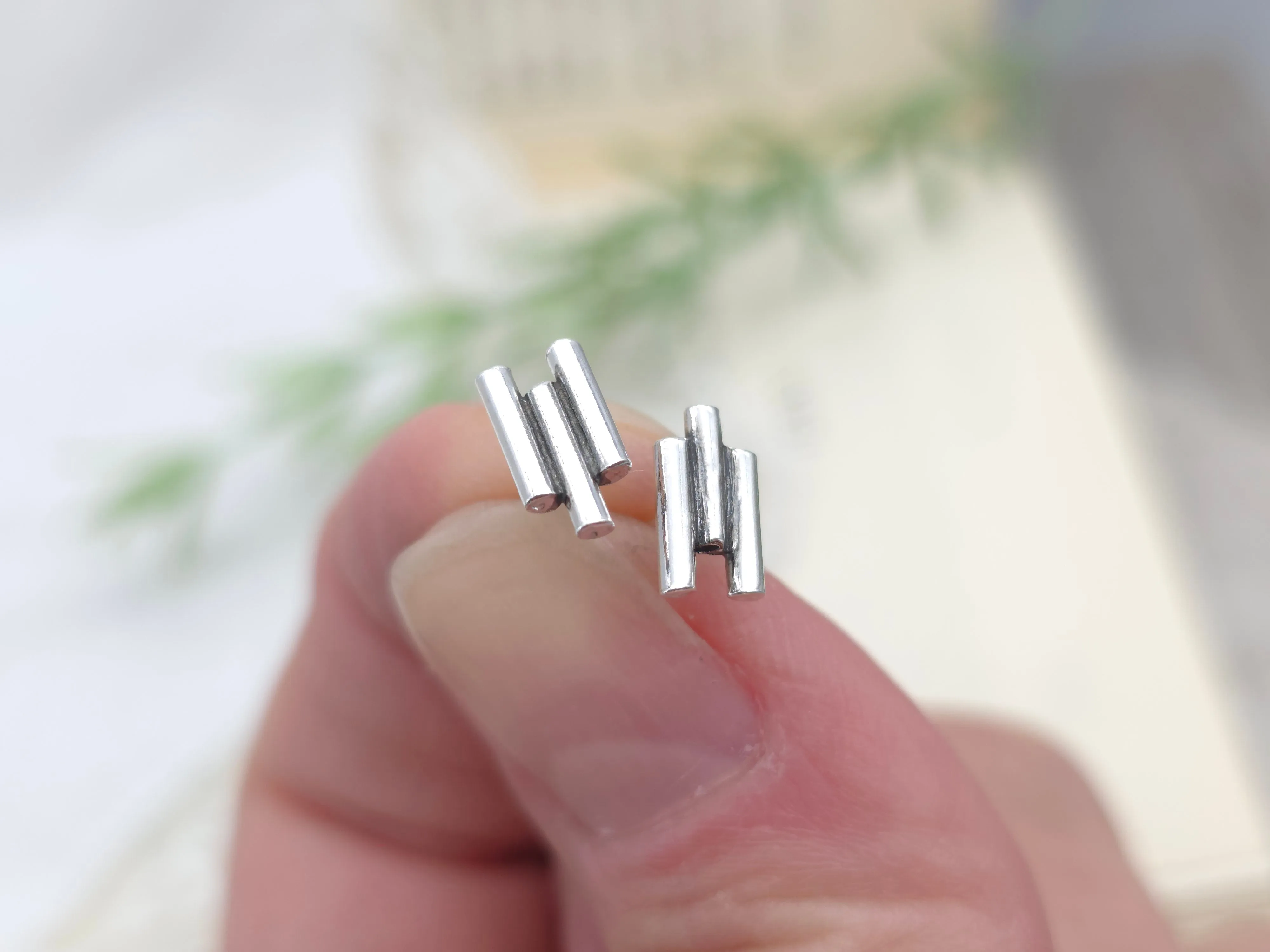 Sterling Silver Triple Bar Stud Earrings