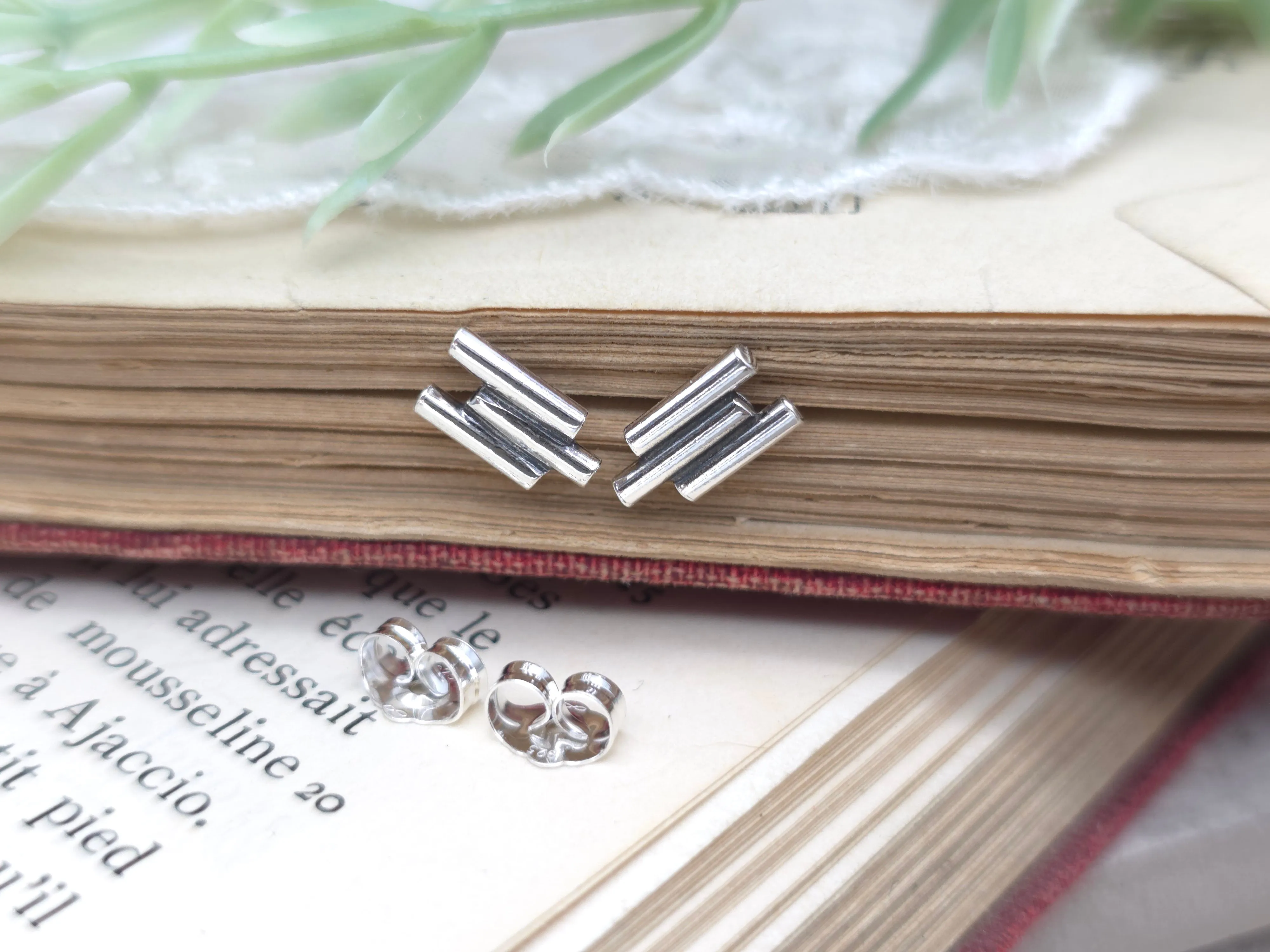 Sterling Silver Triple Bar Stud Earrings