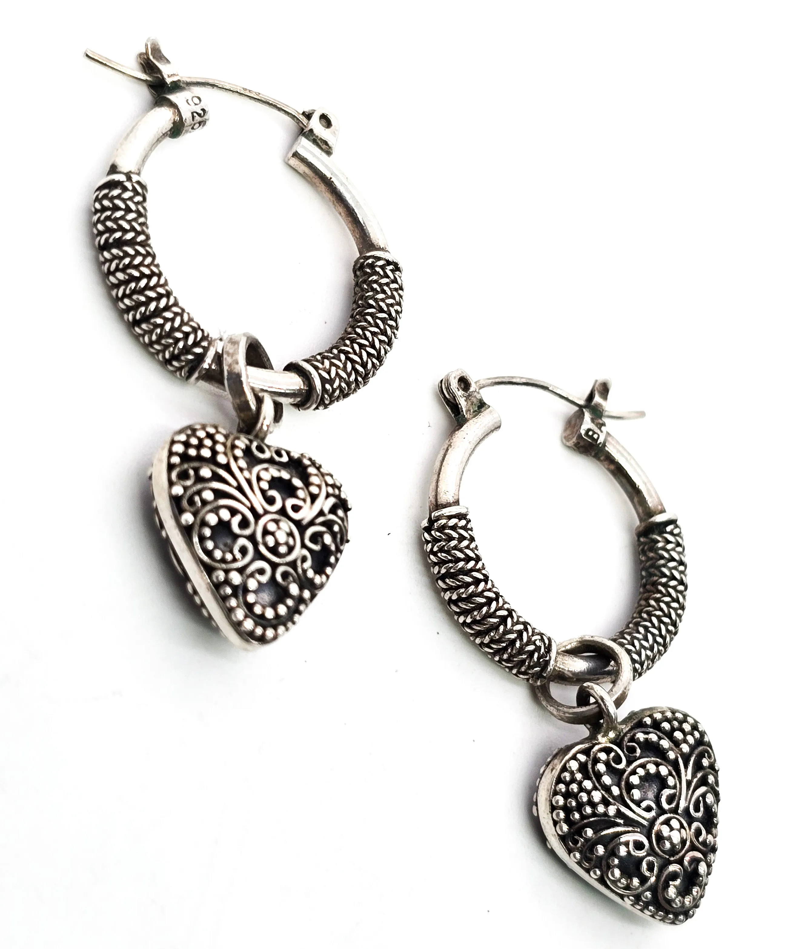 Suarti BA Heart charm hoop lever back sterling silver thick signed earrings